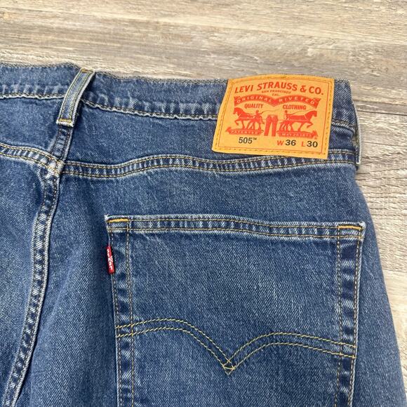 Levis 505 Dark Wash Blue Mens 36x30‎ Regular Straight Faded Denim Jeans Red Tab - Picture 4 of 12